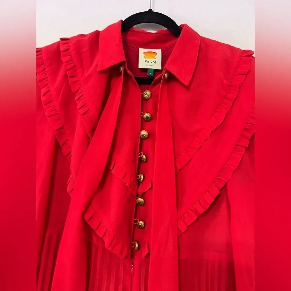 FARM Rio Women's Red Maxi Pleated Jumpsuit Neck Tie Buttons Flowy Sz Medium DM3 - Picture 10 of 16